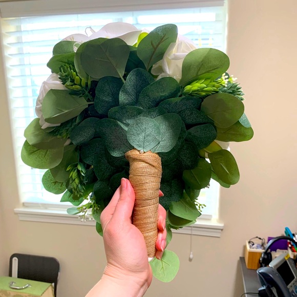 Eucalyptus Cascade Bridal Bouquet - Real Touch Orchids, Roses, Peonies, Hops - Picture 3 of 6